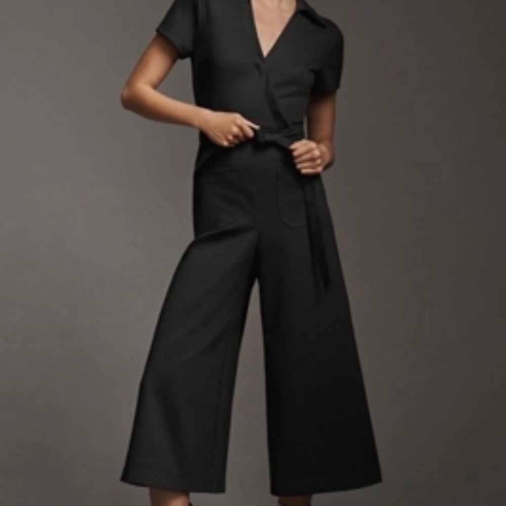 Anthropologie Black Short-Sleeve Wide-Leg Jumpsuit